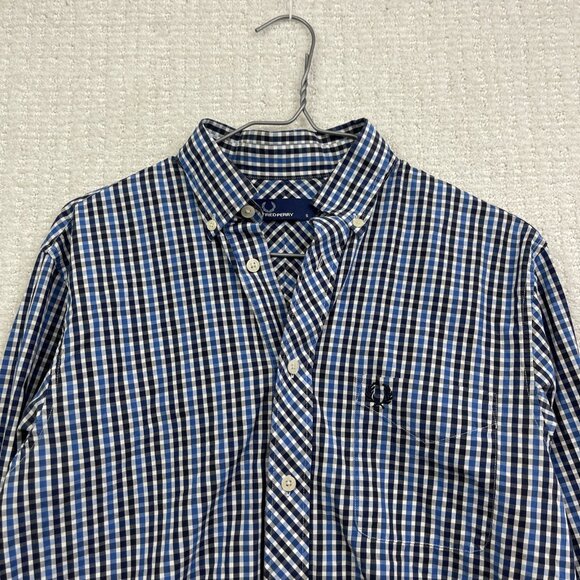Fred Perry Button Down Shirt Mens S Blue Plaid Striped Oxford Woven Cotton - Picture 2 of 14
